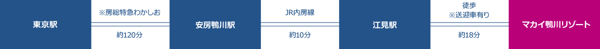 [東京駅] 房総特急わかしお [安房鴨川駅] JR内房線 [江見駅] 徒歩※送迎車有り [マカイ鴨川リゾート]
